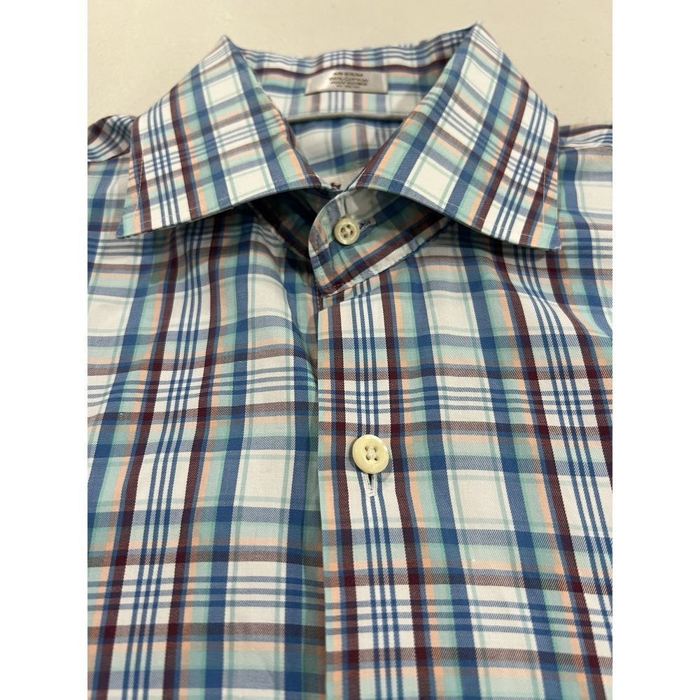 Peter Millar Men's M Dress Shirt Plaid Long Sleeve Collared Blue, White, Brown